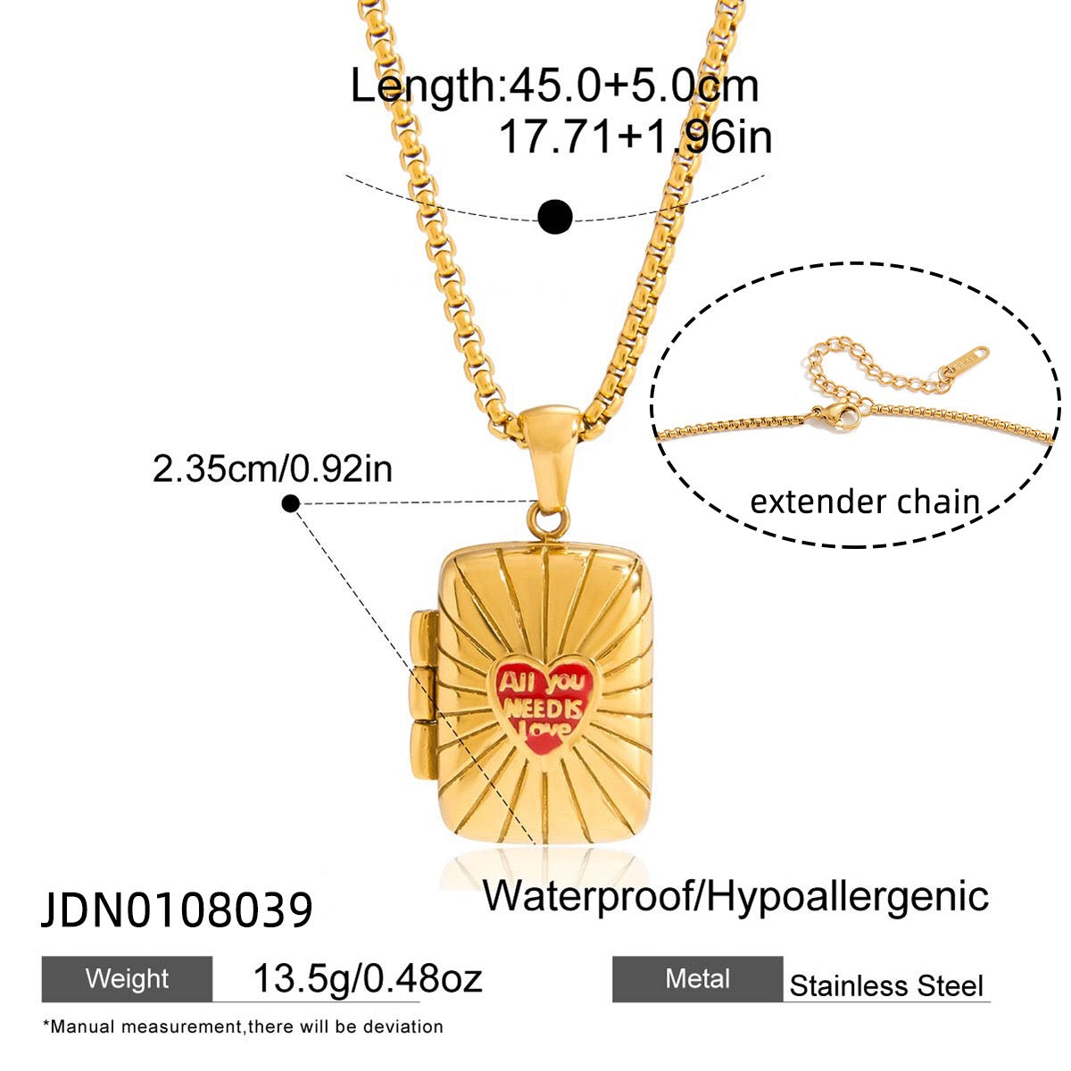 18K Gold Keepsake Heart Book Locket Pendant Box Chain Necklace