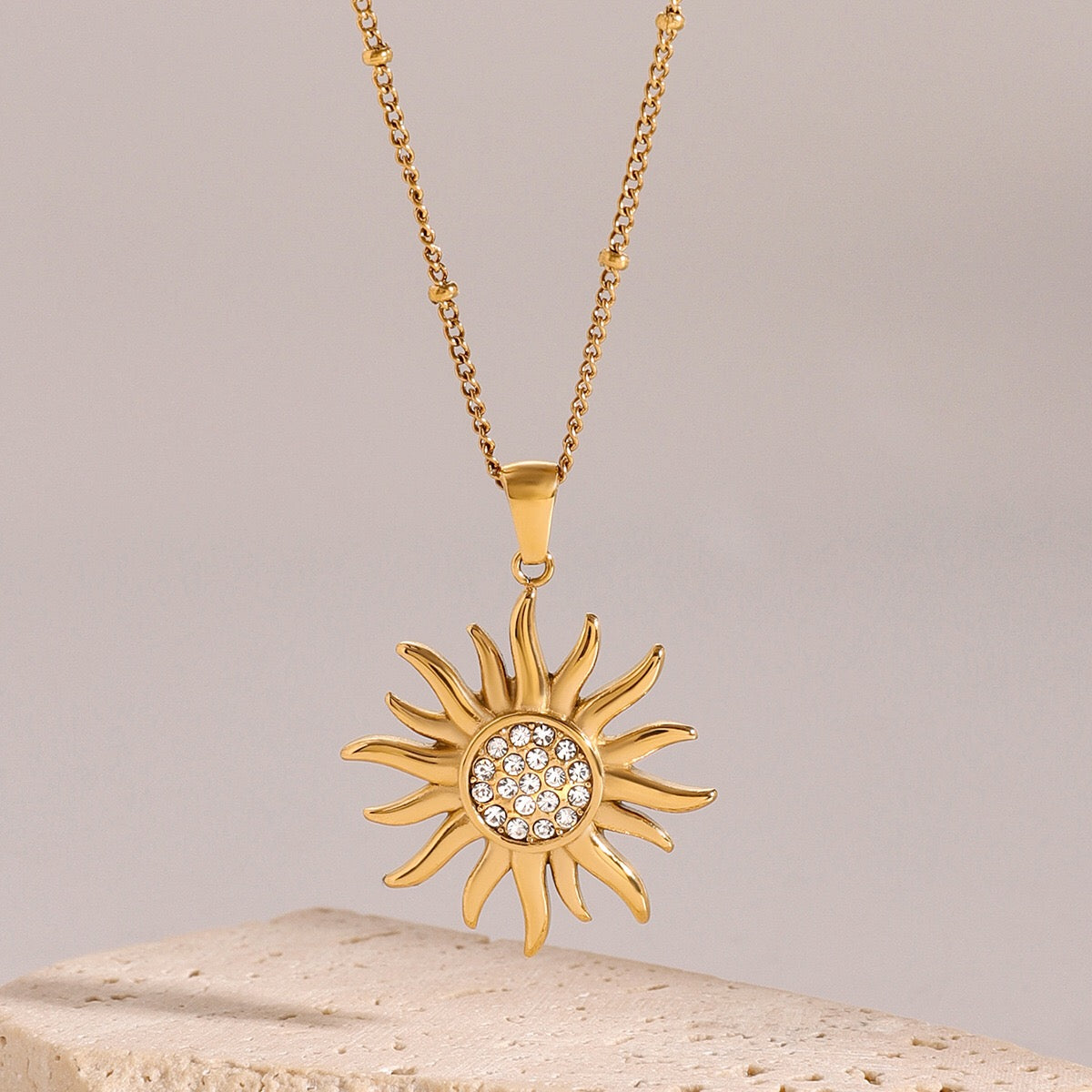 18K Gold Bling Sunflower CZ Pendant Necklace