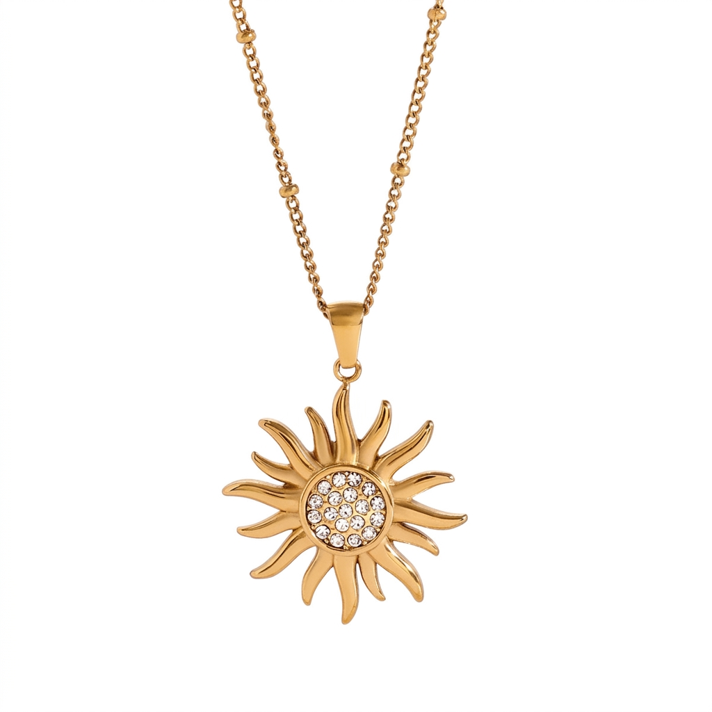 18K Gold Pavé Sun Flower Statement Pendant Necklace & Stud Earrings Set