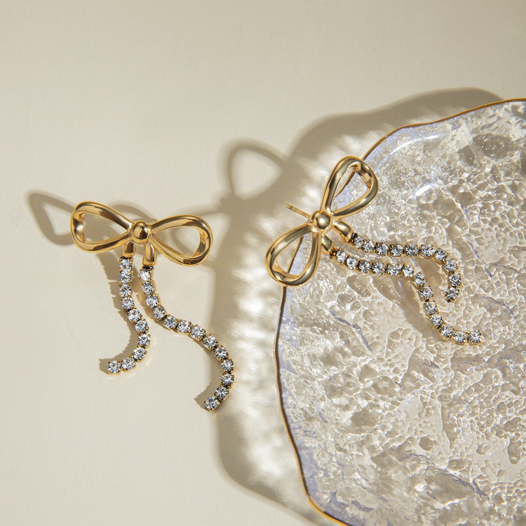 18K Gold Bling Bow Dangle Drop Earrings