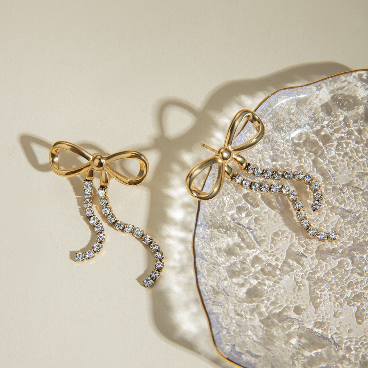 18K Gold Bling Bow Dangle Drop Earrings