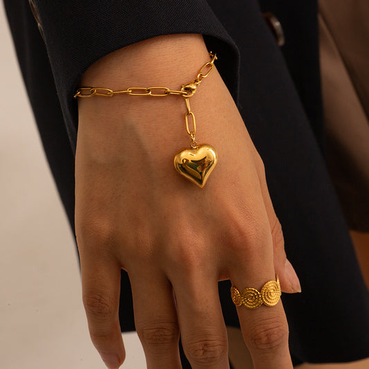 18K Gold Chunky Paperclip Heart Charm Bracelet