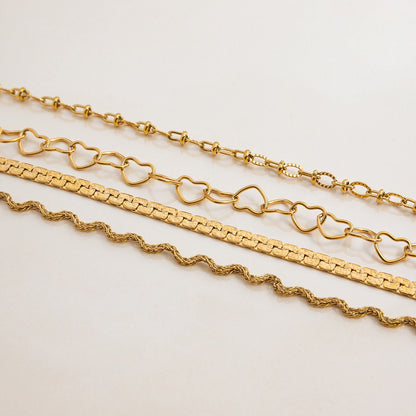 18K Gold Heart Chain Trendy Everyday Bracelet Stack