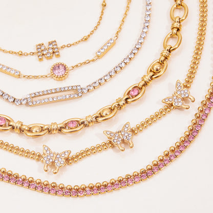 18K Gold Luxury Pink Butterfly Dainty Tennis Chain Bracelet Stack