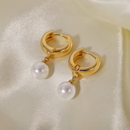 18K Gold Pearl Small Hoop Huggie Earrings