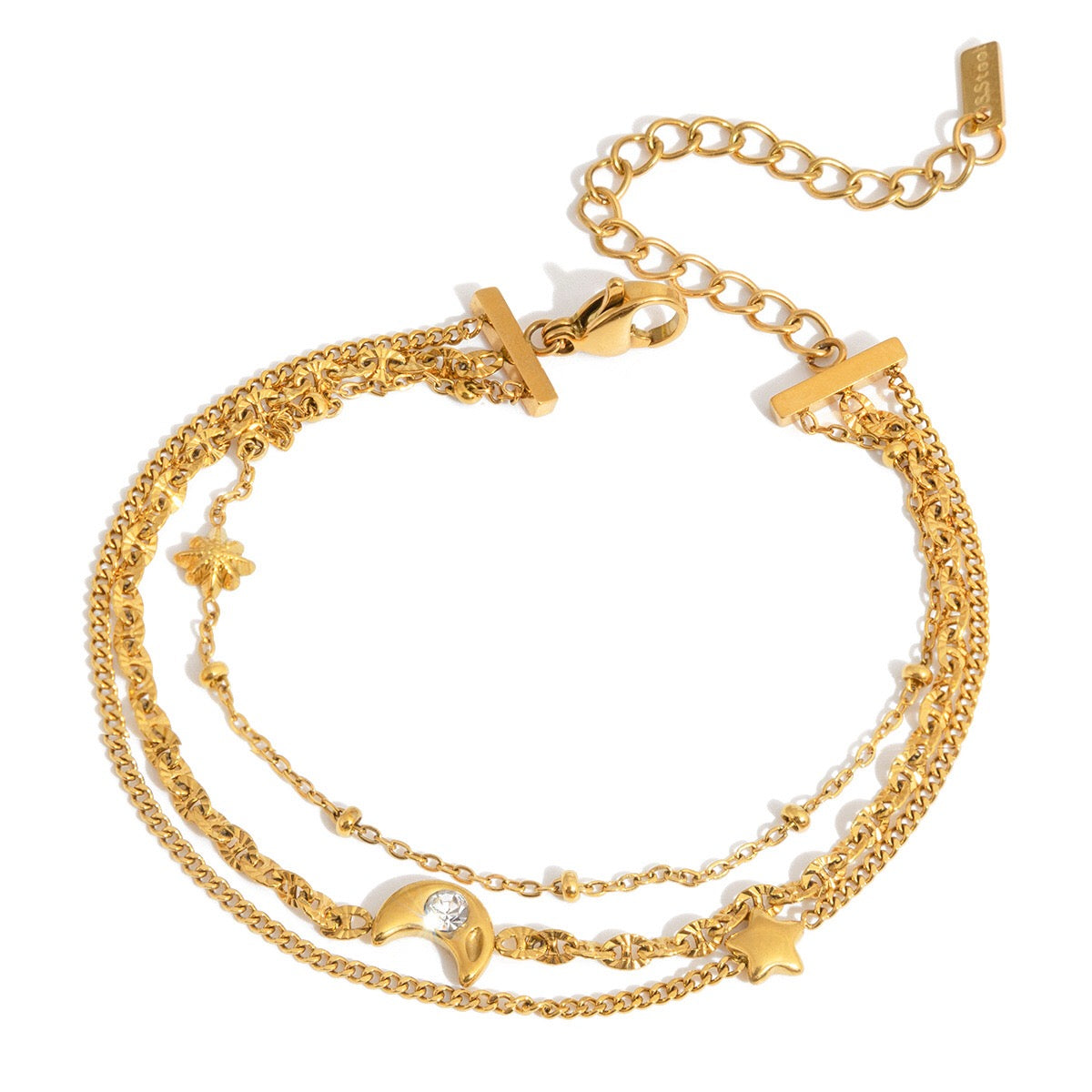 18K Gold Petite Joys Moon and Star Pink Jewel Dainty Three Chain Bracelet