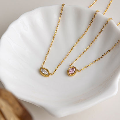 18K Gold Subtle Pink Dainty Bezel Pendant Necklace
