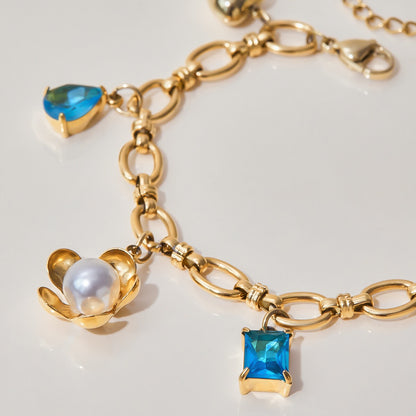 18K Gold Ocean Blue Charm Bracelet Sleek Bangle Stack
