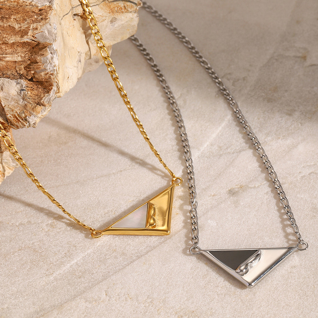 18K Gold Mother of Pearl Triangle Pendant Figaro Chain Necklace
