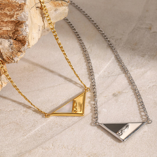 18K Gold Mother of Pearl Triangle Pendant Figaro Chain Necklace