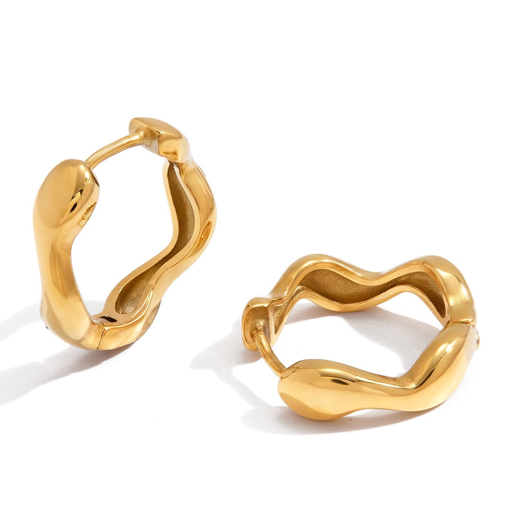 18K Gold Smooth Sway Wave Huggie Earrings Cartilage Studs Ear Cuffs Stack