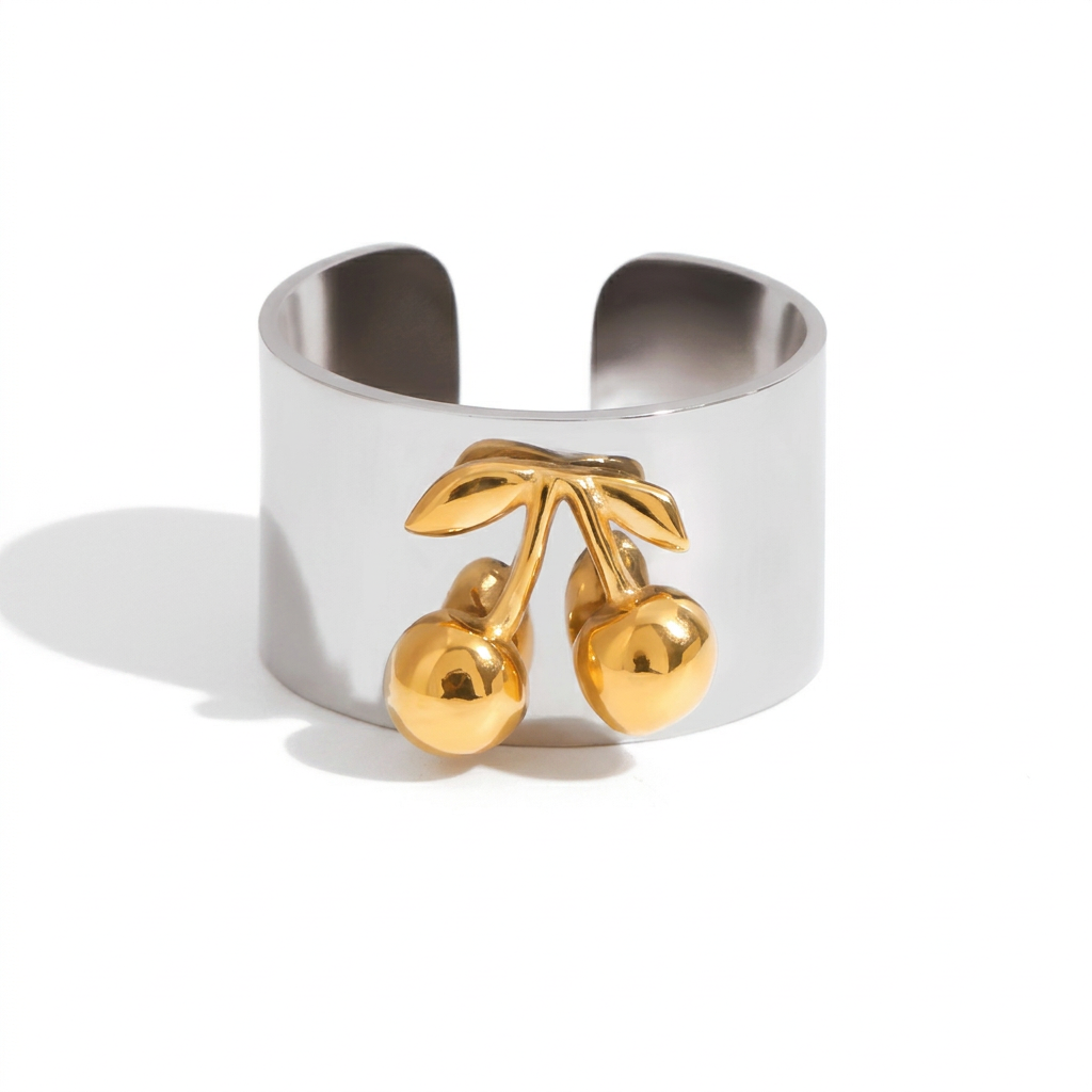 18K Gold and Silver Two Tone Sweet Glow Cherry Heart Band Ring