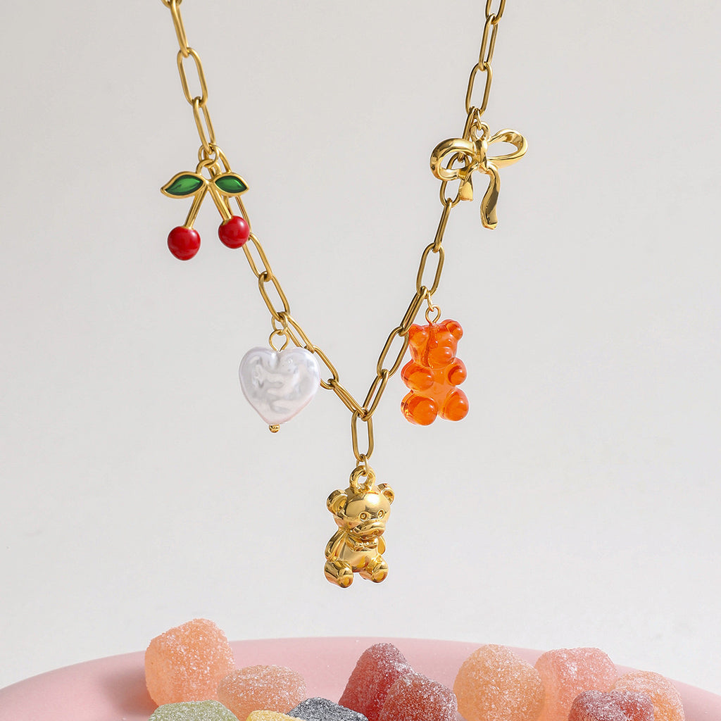 18K Gold Gummy Bear Cute Bow Cherry Paperclip Chain Charm Necklace