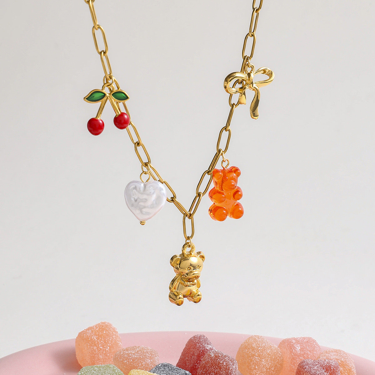 18K Gold Gummy Bear Cute Bow Cherry Paperclip Chain Charm Necklace
