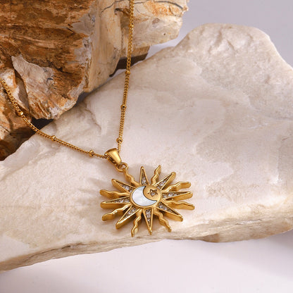 18K Gold Bright Sun Pendant Statement Long Necklace