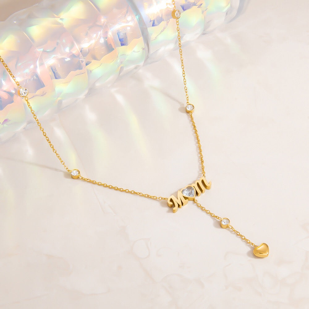 18K Gold Bling Mom CZ Lariat Necklace