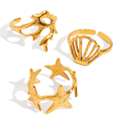 18K Gold Coastal Life Seashel Coral Starfish Ring Sets