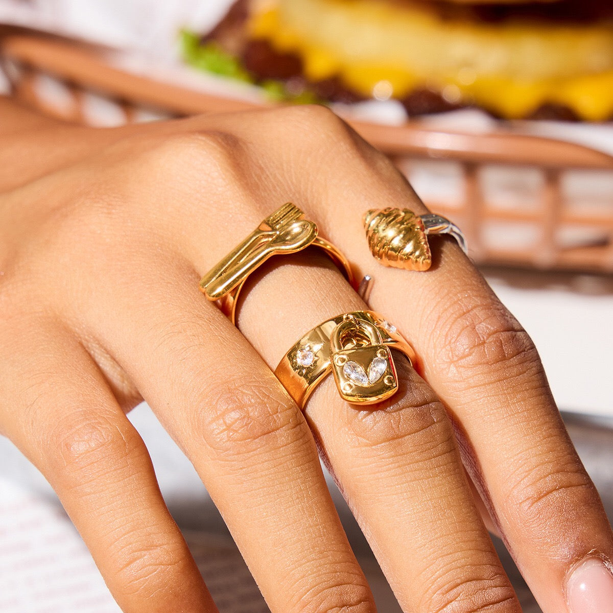 18K Gold Heart Locked Charm Statement Band Ring