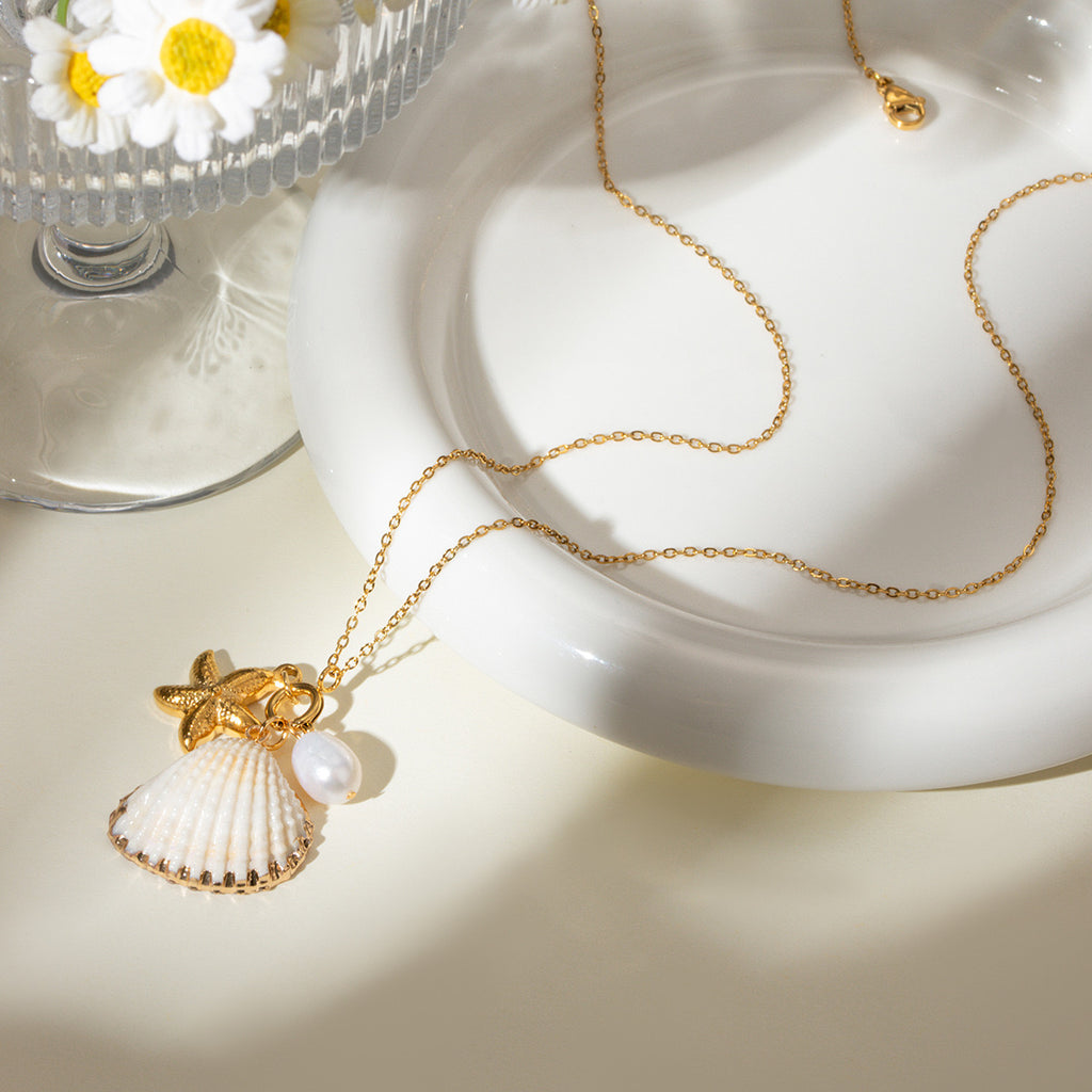 18K Gold Seashell Starfish Pearl Charm Long Necklace