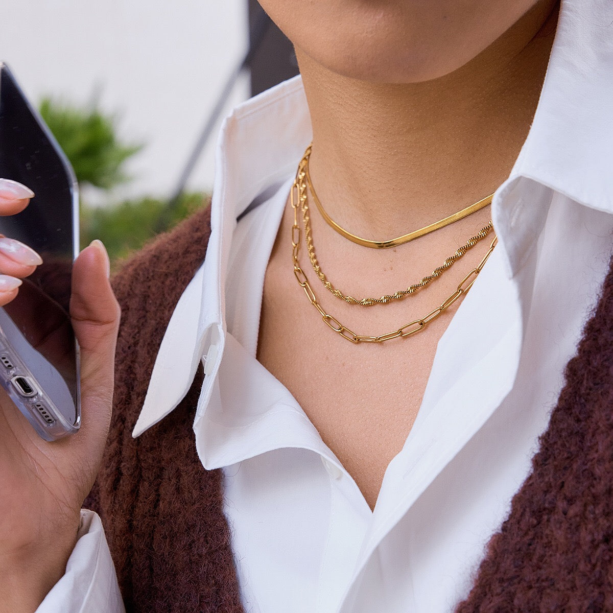 18K Gold Quiet Luxe Paper Clip Herringbone Snake Chain Layered Necklace Set