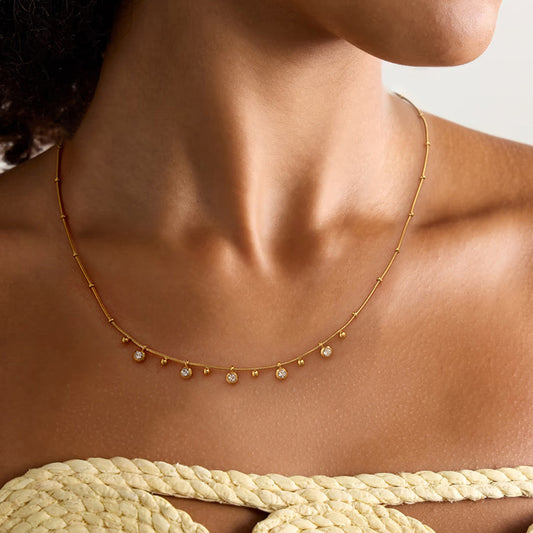 18K Gold CZ Sprinkle Beaded Chain Dainty Necklace