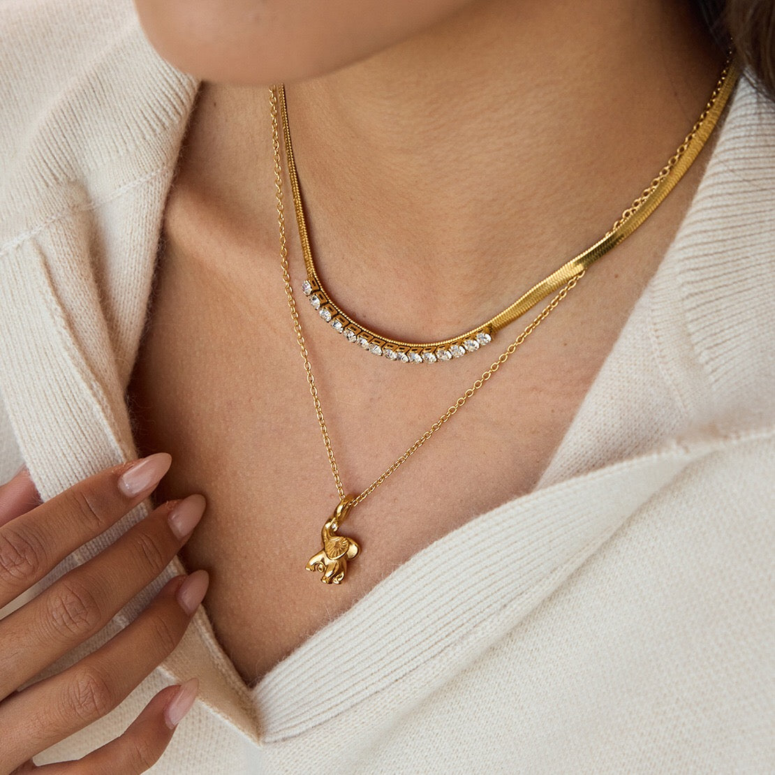 18K Gold Guardian Elephant Pendant Herringbone Snake Chain Layered Necklace Set