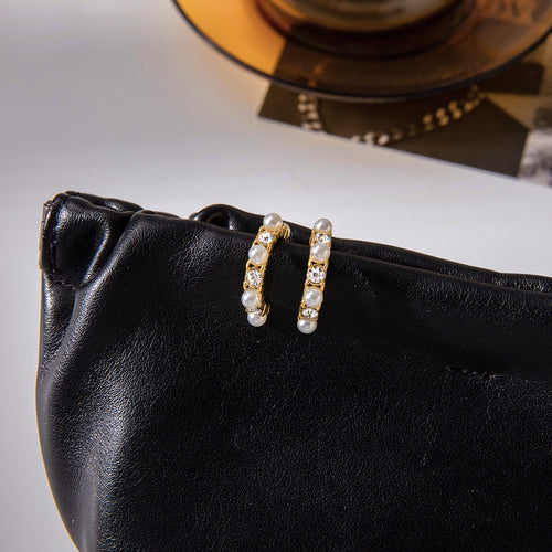 18K Gold Bling Pearl Small Hoop Huggie Earrings