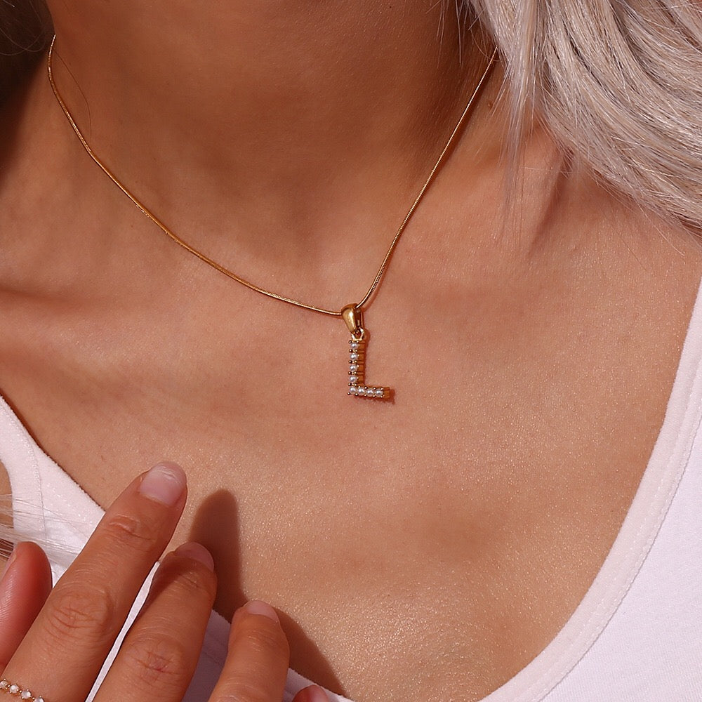 18K Gold Pearl Initial Pendant Necklace