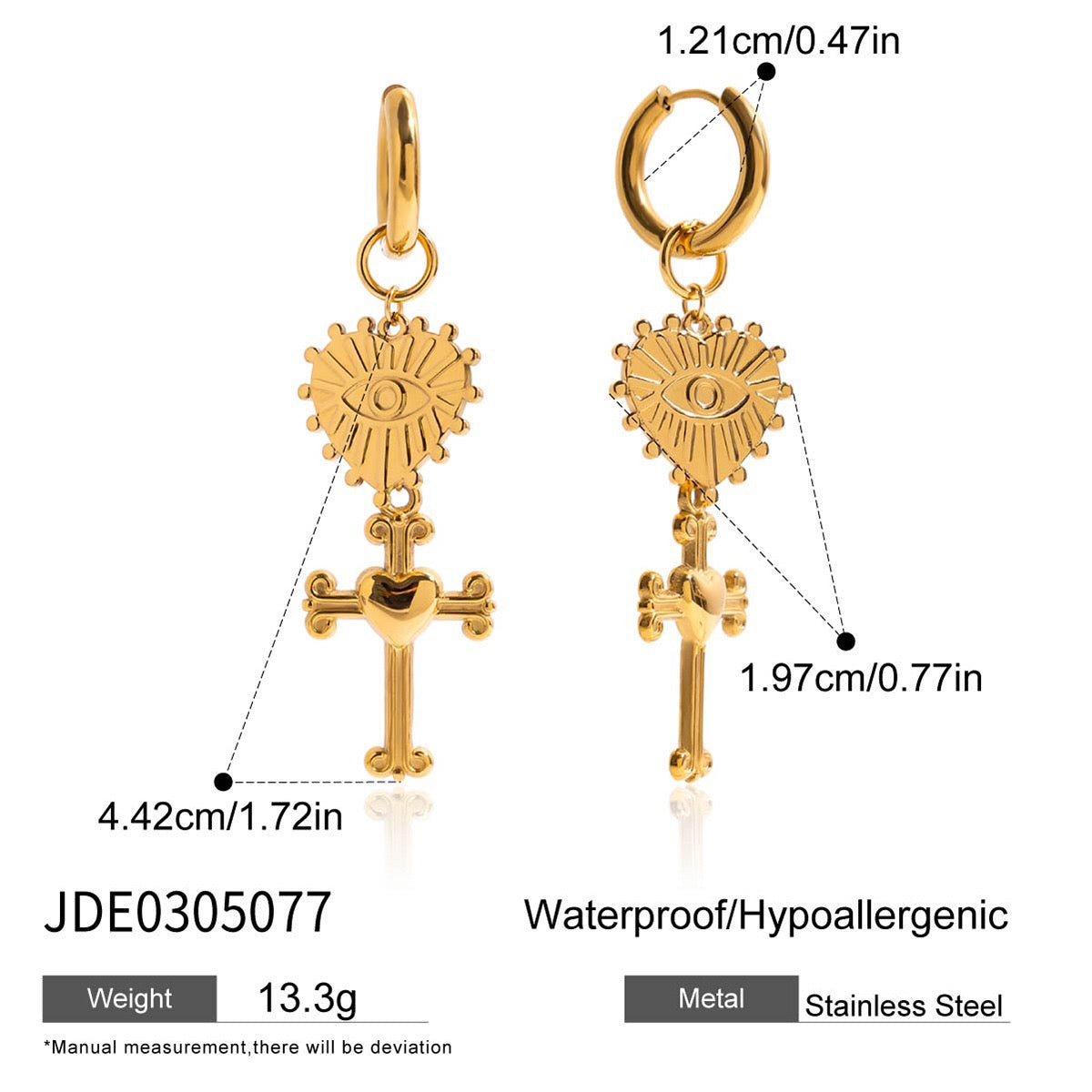 18K Gold Tempt Heart Cross Dangle Huggie Earrings with Charm