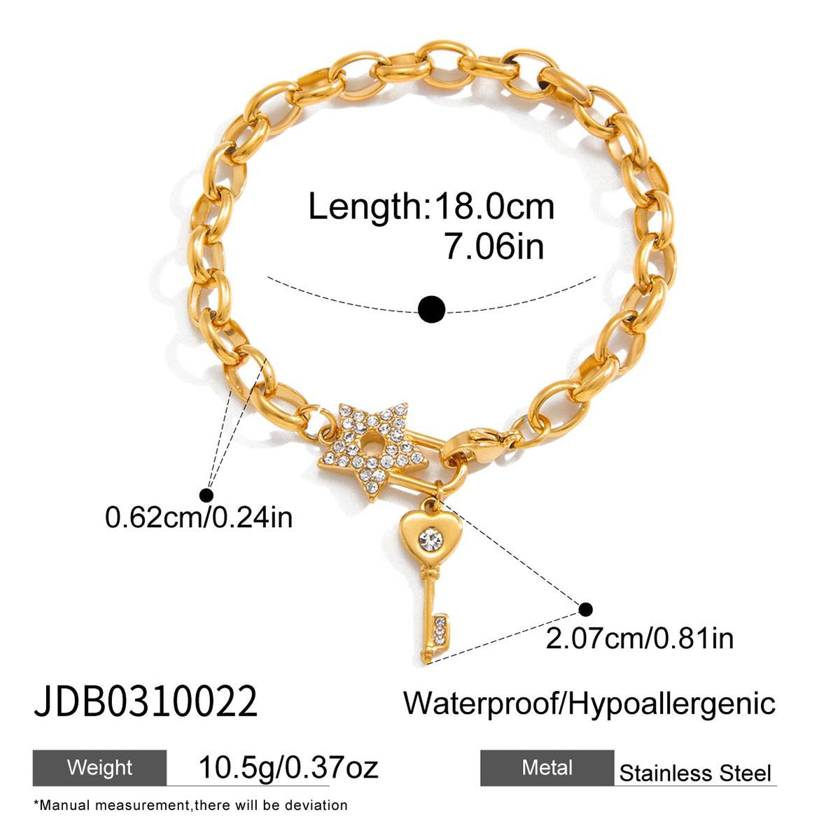 18K Gold Secret Lover Heart Lock and Key Charm Chunky Chain Bracelet
