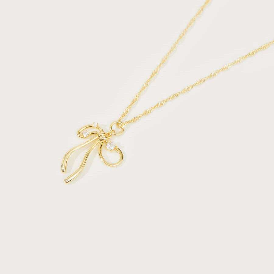 18K Gold Starry Coquette Bow Pendant Necklace