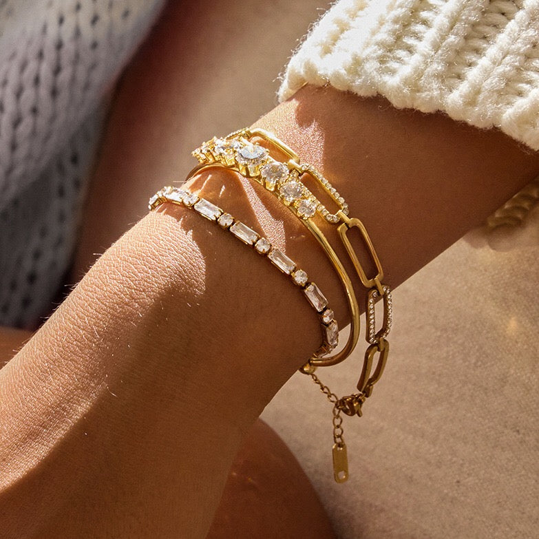 18K Gold Diamond Fever Paperclip Chain Cuff Bangle Tennis Bracelet Stack