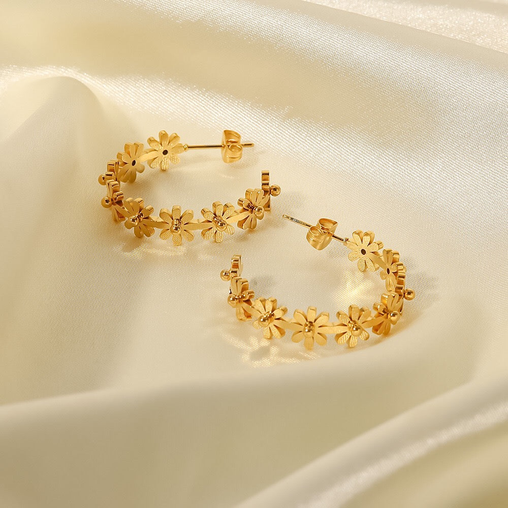 18K Gold Flower Blossom Hoop Huggie Earrings