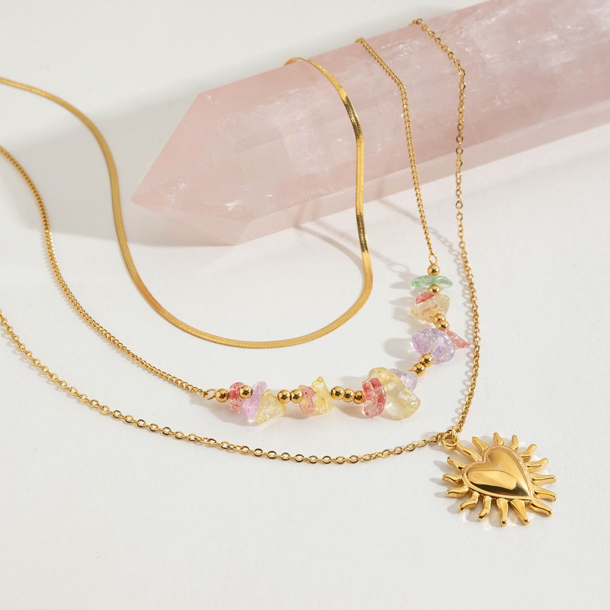 18K Gold Heart Pendant Gemstone Beaded Herringbone Snake Chain Layered Necklace Set