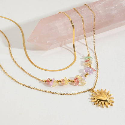 18K Gold Heart Pendant Gemstone Beaded Herringbone Snake Chain Layered Necklace Set