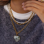 18K Gold Zebra Print Heart Pedant Paper Clip Chain Beaded Pearl Layered Necklace Set