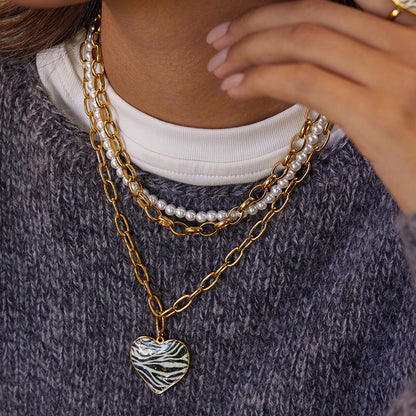 18K Gold Zebra Print Heart Pedant Paper Clip Chain Beaded Pearl Layered Necklace Set