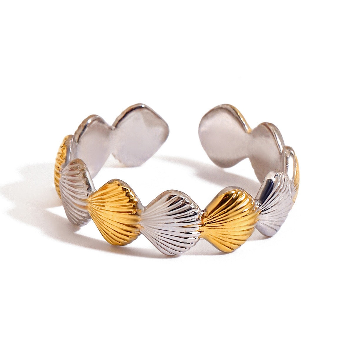 18K Gold and Silver Two Tone Coastal Glow Seashell Starfish Cuff Ring