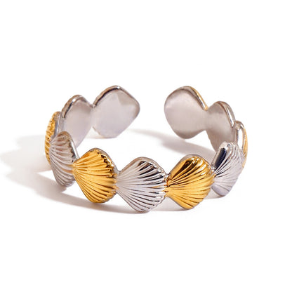 18K Gold and Silver Two Tone Coastal Glow Seashell Starfish Cuff Ring