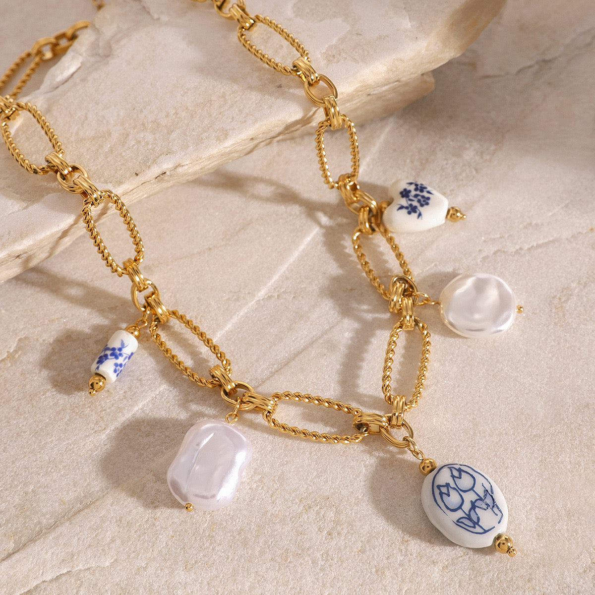 18K Gold Baroque Pearl Paperclip Chain Statement Charm Necklace