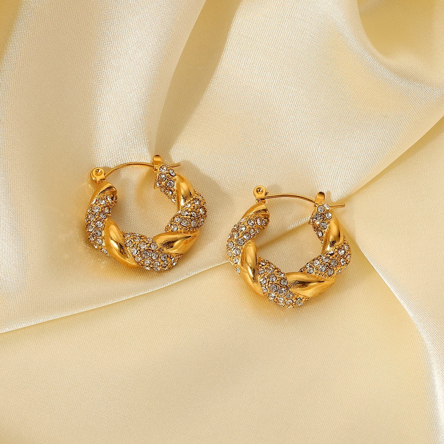 18K Gold Bling Twisted Small Hoop Huggie Earrings