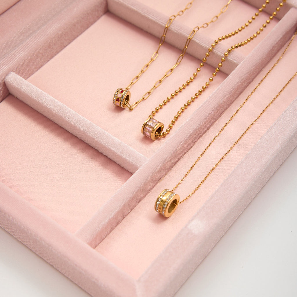 18K Gold Pink Heart Mama Bling Ring Dainty Pendant Necklace