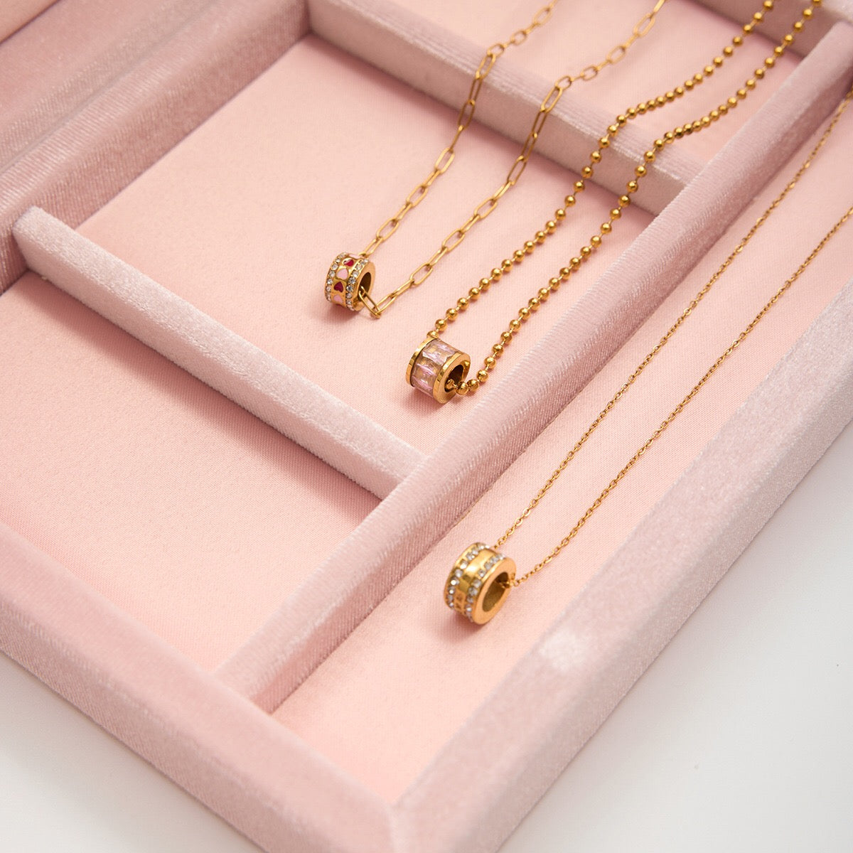 18K Gold Pink Heart Mama Bling Ring Dainty Pendant Necklace