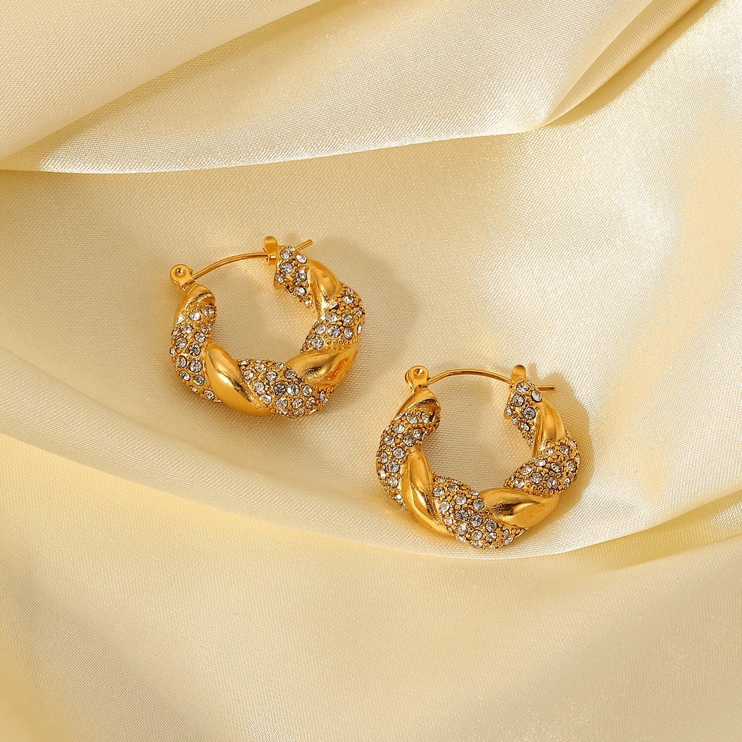 18K Gold Bling Twisted Small Hoop Huggie Earrings