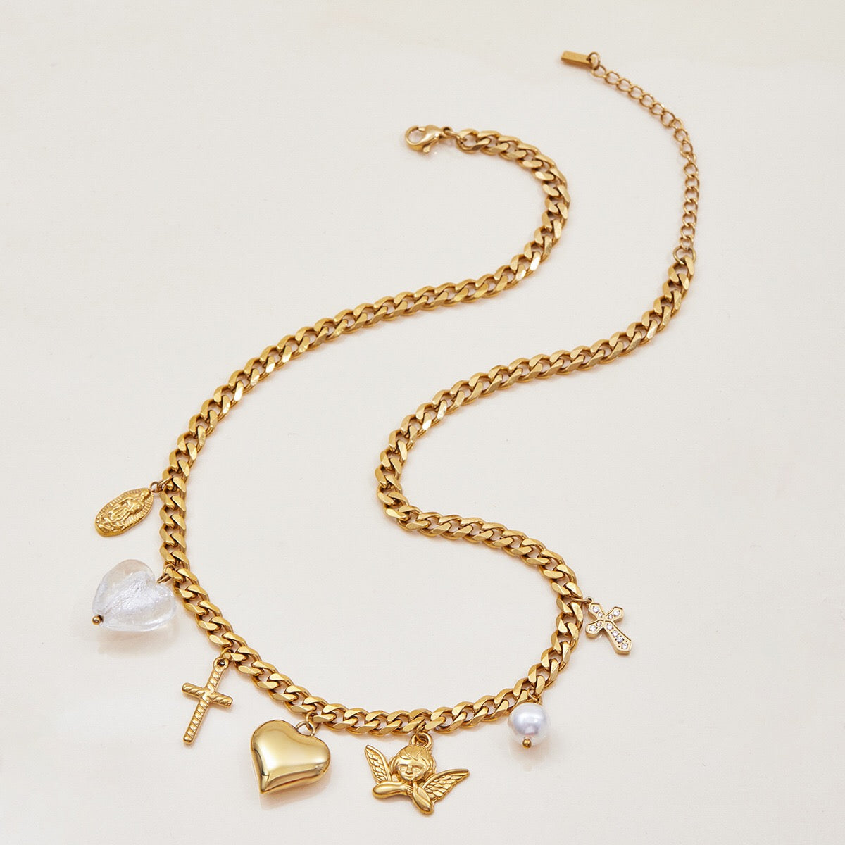 18K Gold Forbidden Cross Pearl Pendant Statement Layered Necklace Set