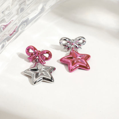 Y2K Silver Bow and Pink Star Stud Dangle Earrings