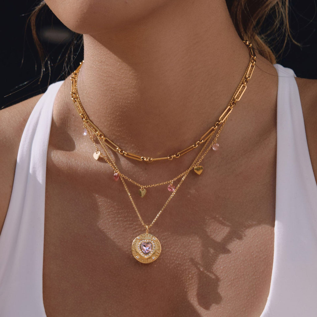 18K Gold Heart in Hand Pink Heart Hamsa Best Friend Coin Pendant Necklace