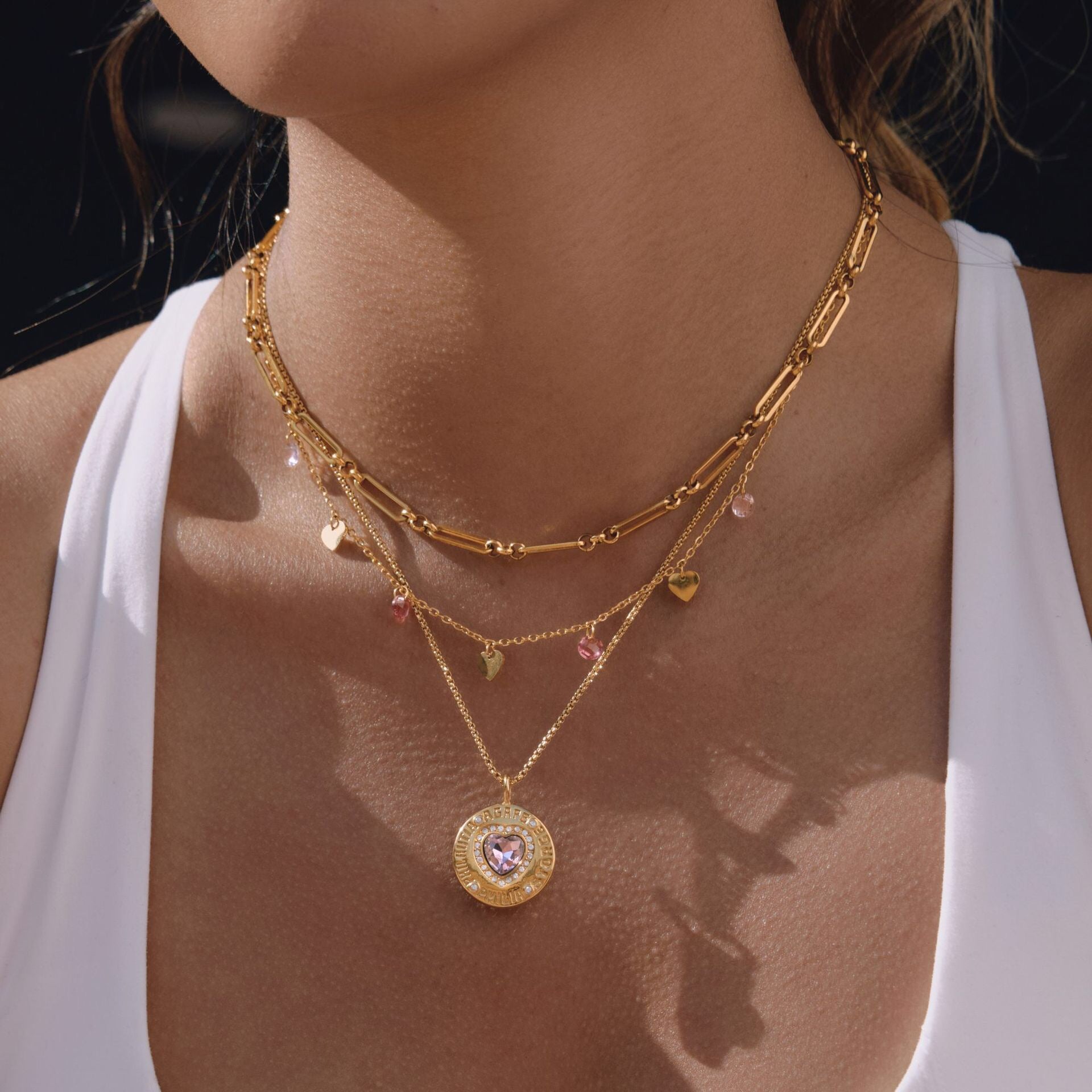 18K Gold Heart in Hand Pink Heart Hamsa Best Friend Coin Pendant Necklace