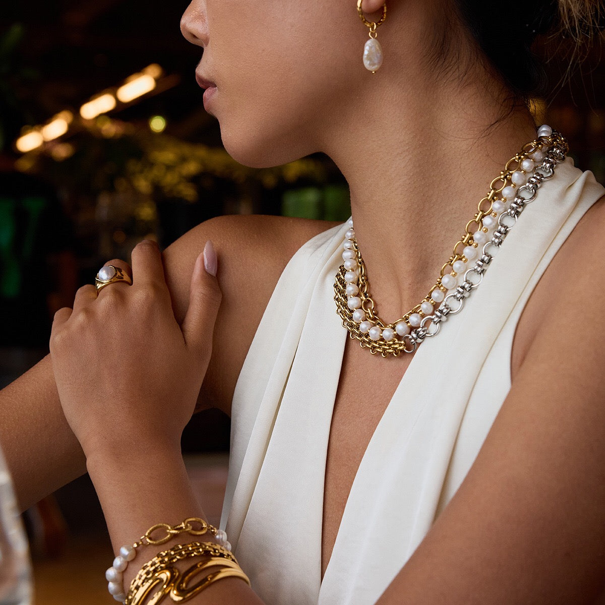 18K Gold and Silver Two Tone Circle Chunky Chain Layered Necklace Set