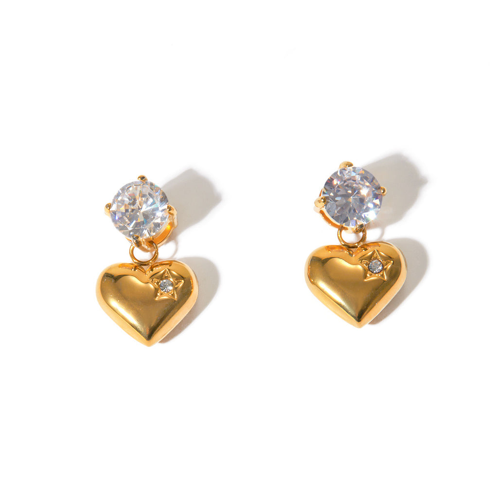 18K Gold Flirting Heart Drop Dangle CZ Earrings